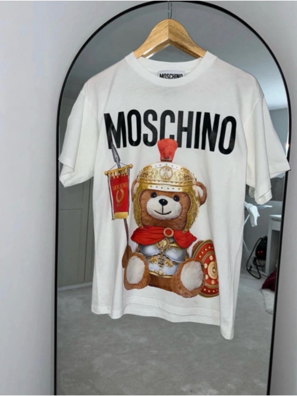 Moschino White Tee with Teddy Bear Roman Helmet Graphic